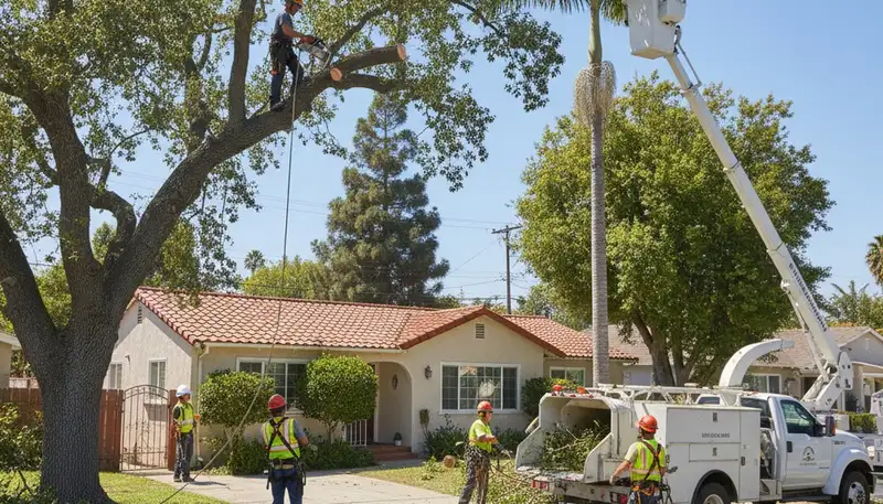 Tree service crew in Los Angeles, CA trimming and removing trees for a safe, clean property
