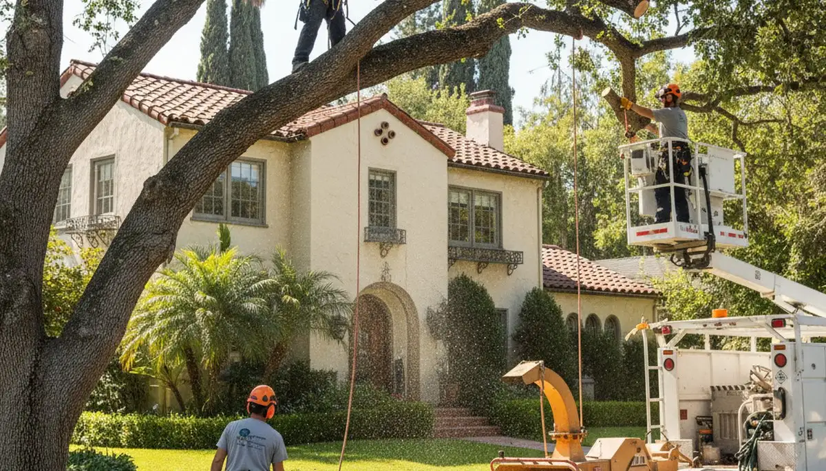 Tree service crew trimming trees in Los Angeles, CA for safe residential yard maintenance