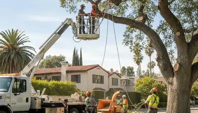 Tree service crew in Los Angeles, CA performing safe tree removal for a residential property